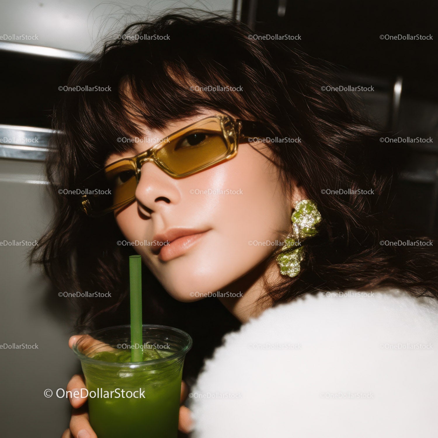 Stylish Woman Wearing Yellow Sunglasses Posing with Green Drink