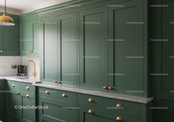 Modern Green Kitchen Cabinets with Gold Handles and Stylish Interior