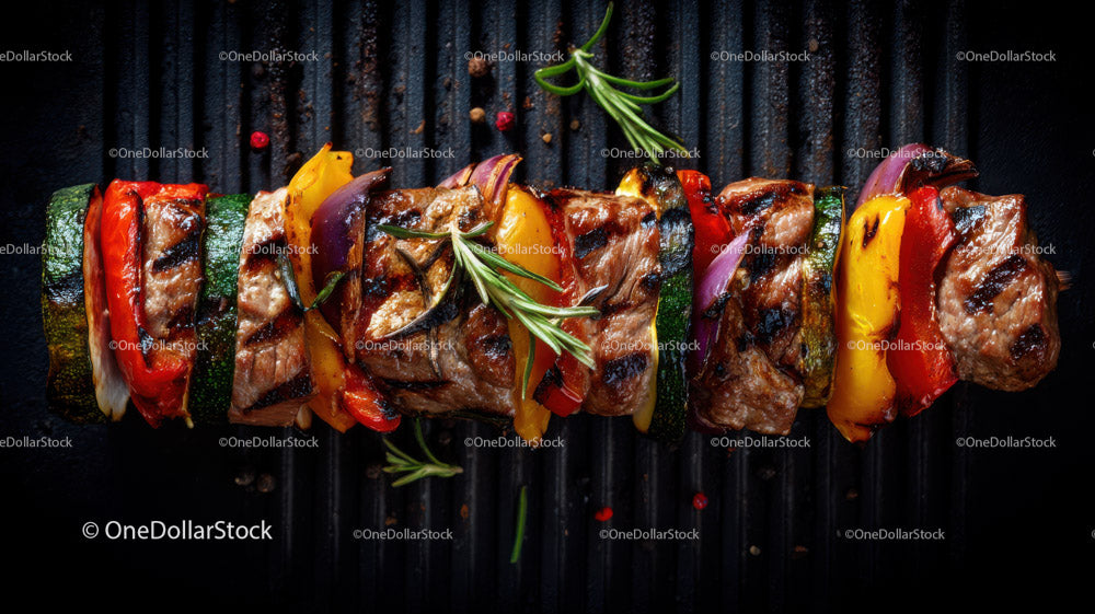 Colorful Grilled Meat and Vegetable Skewers on Barbecue Grill