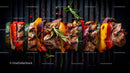 Colorful Grilled Meat and Vegetable Skewers on Barbecue Grill