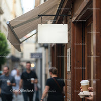 Blank street sign hanging outside urban coffee shop