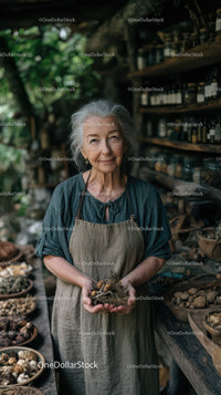 Elderly Woman Collecting Plant Roots in Garden for Herbal Use