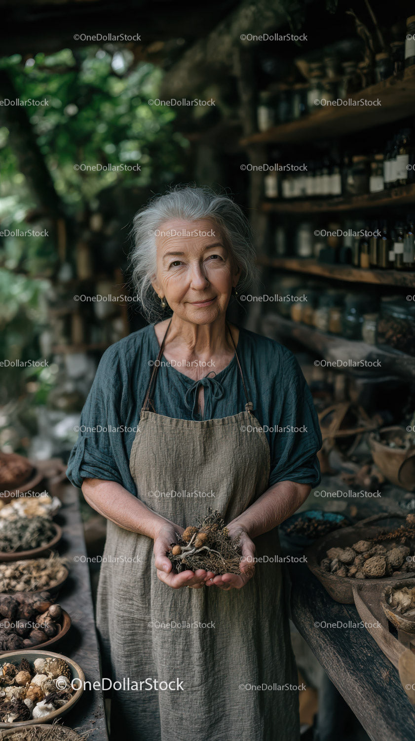 Elderly Woman Collecting Plant Roots in Garden for Herbal Use