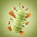 Two scoops of pistachio ice cream with wafers and nuts