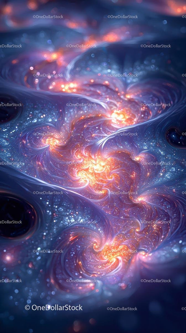 Abstract Cosmic Swirl with Glowing Galaxy in Deep Space