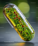 Close-Up of Green and Red Gel Capsule Pill with Transparent Cover