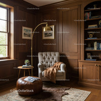 Cozy reading nook with armchair and warm lighting