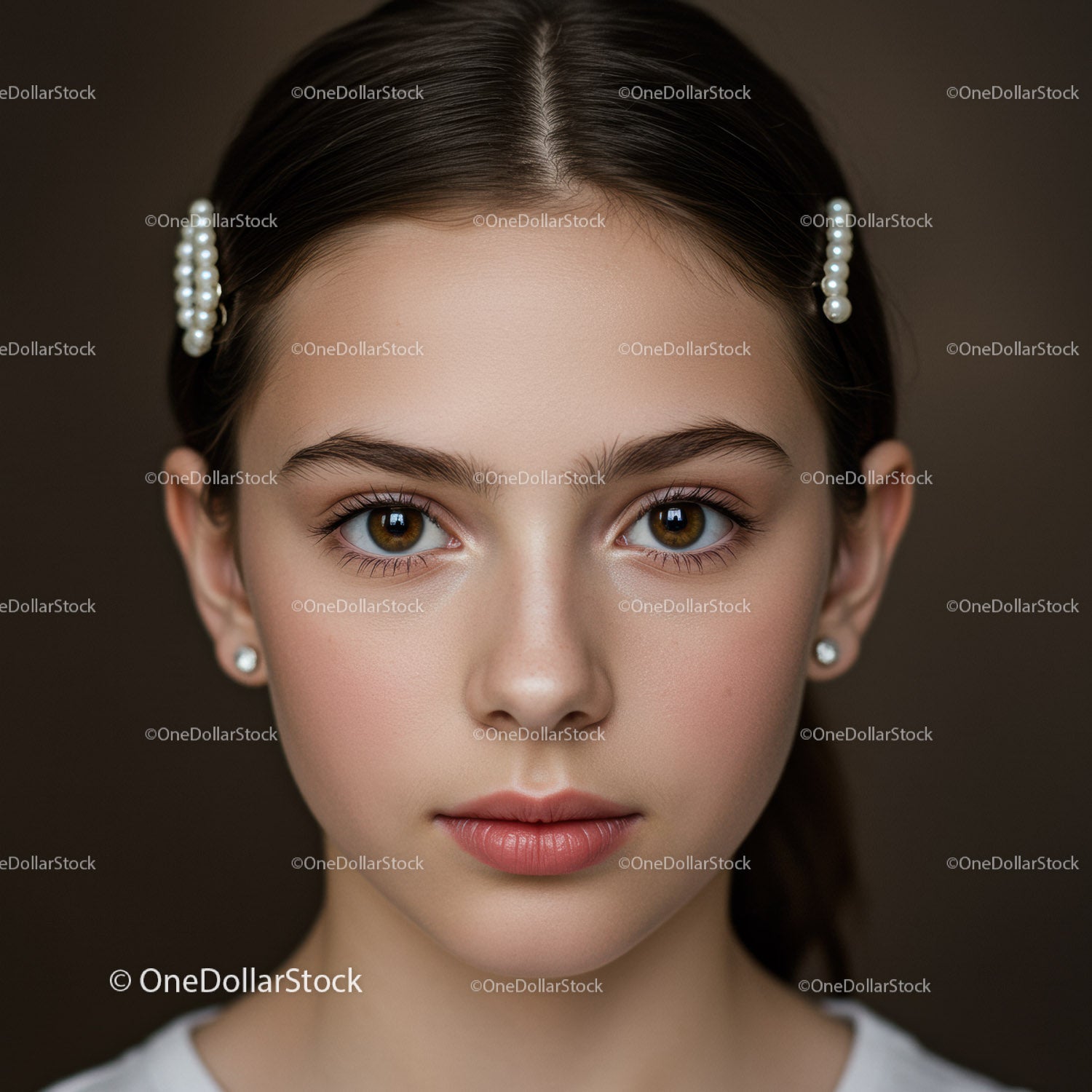 Elegant Girl with Brown Eyes and Hair Accessories