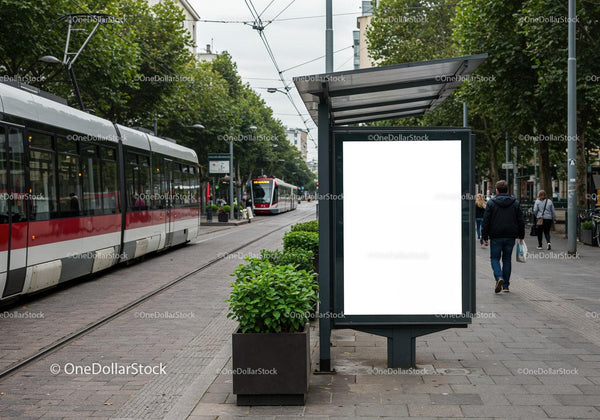 Modern urban tram stop with blank advertising board JPG Mockup Image
