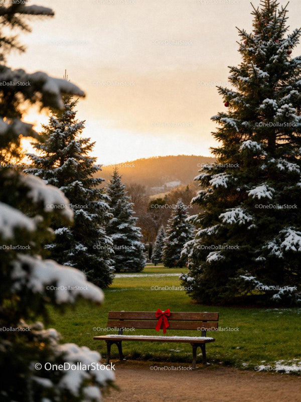 Snowy park bench with festive red bow at sunset