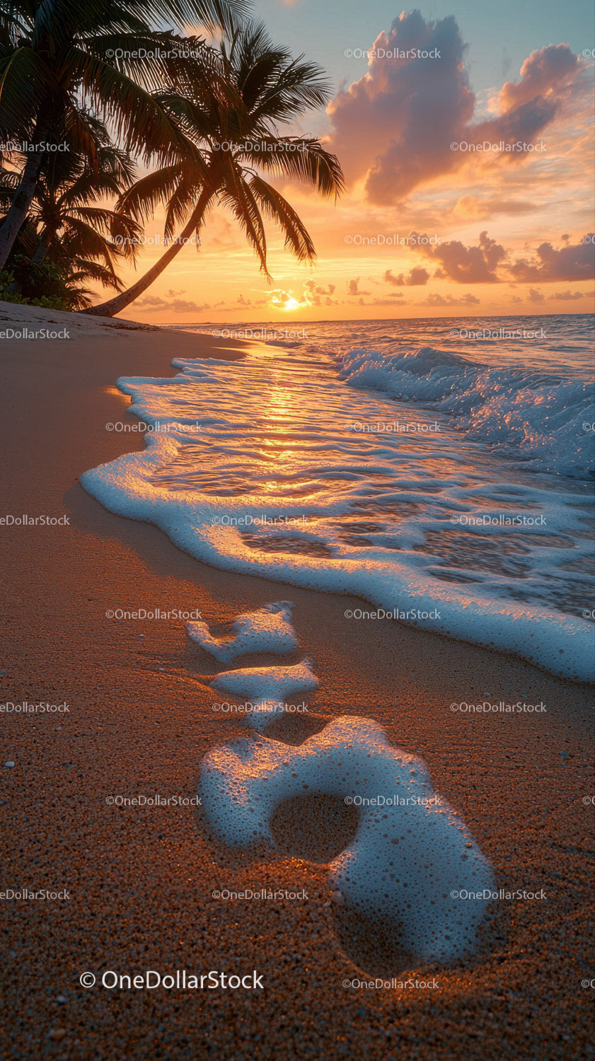 Sunset Over Tropical Beach with Palm Trees and Clear Ocean Water
