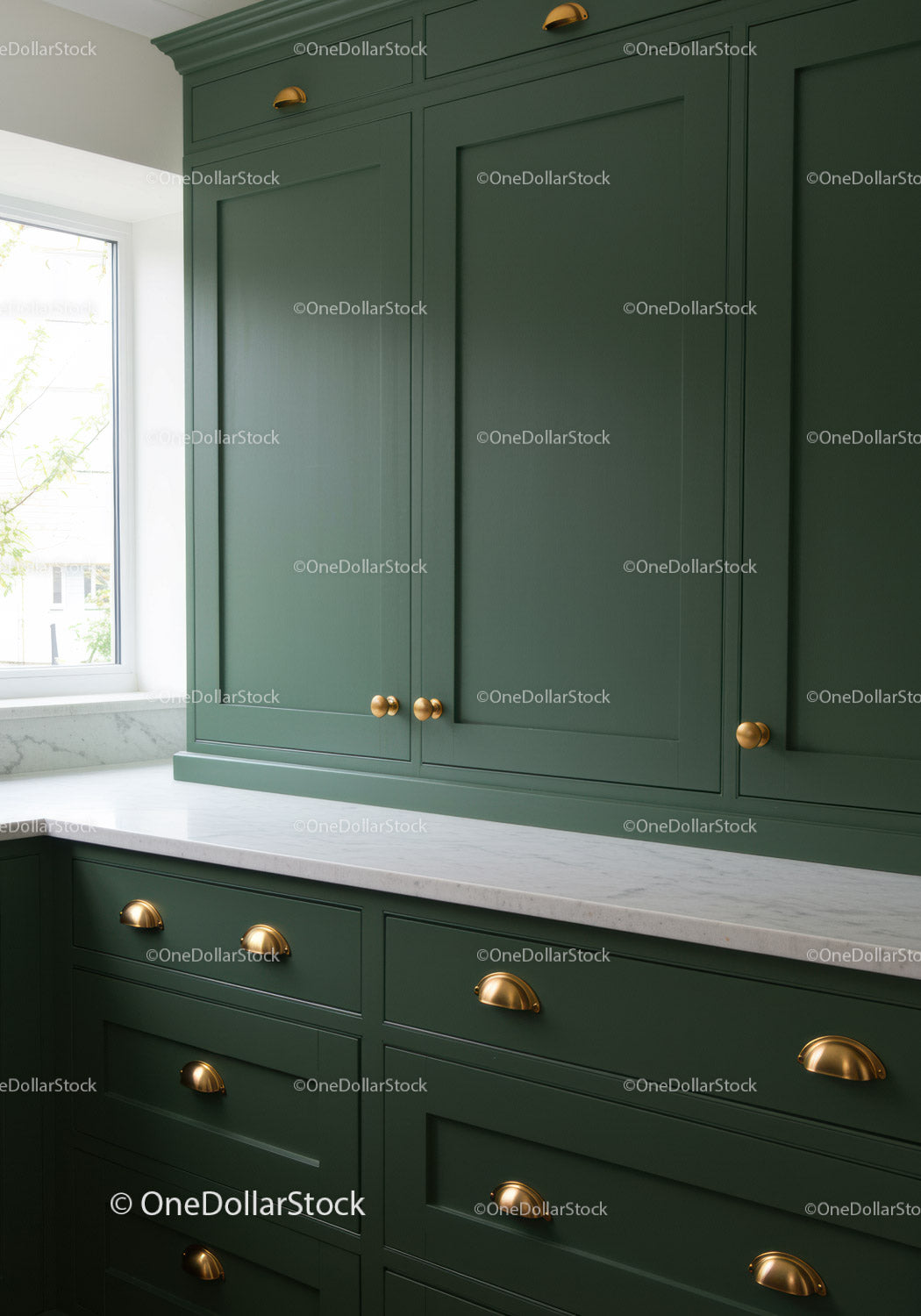 Modern Kitchen with Green Cabinets and Gold Accents