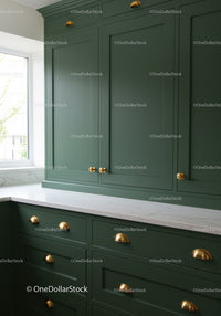Modern Kitchen with Green Cabinets and Gold Accents