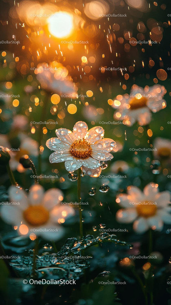 Zbliżenie na stokrotkę pokrytą kroplami rosy z efektami bokeh