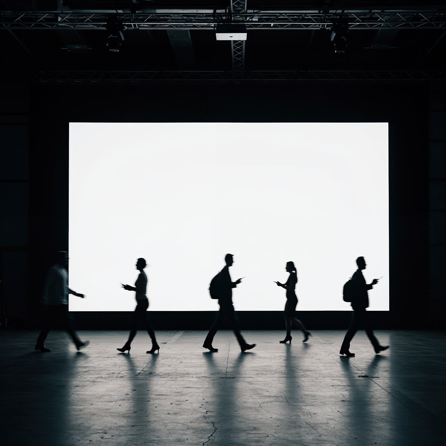 Silhouettes of people walking in front of large screen