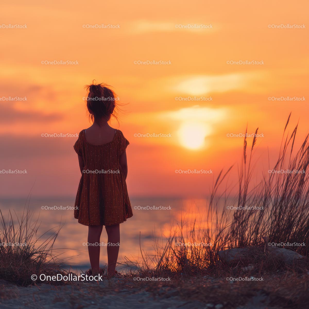 Silhouette of a Child at Sunset by the Ocean Shore