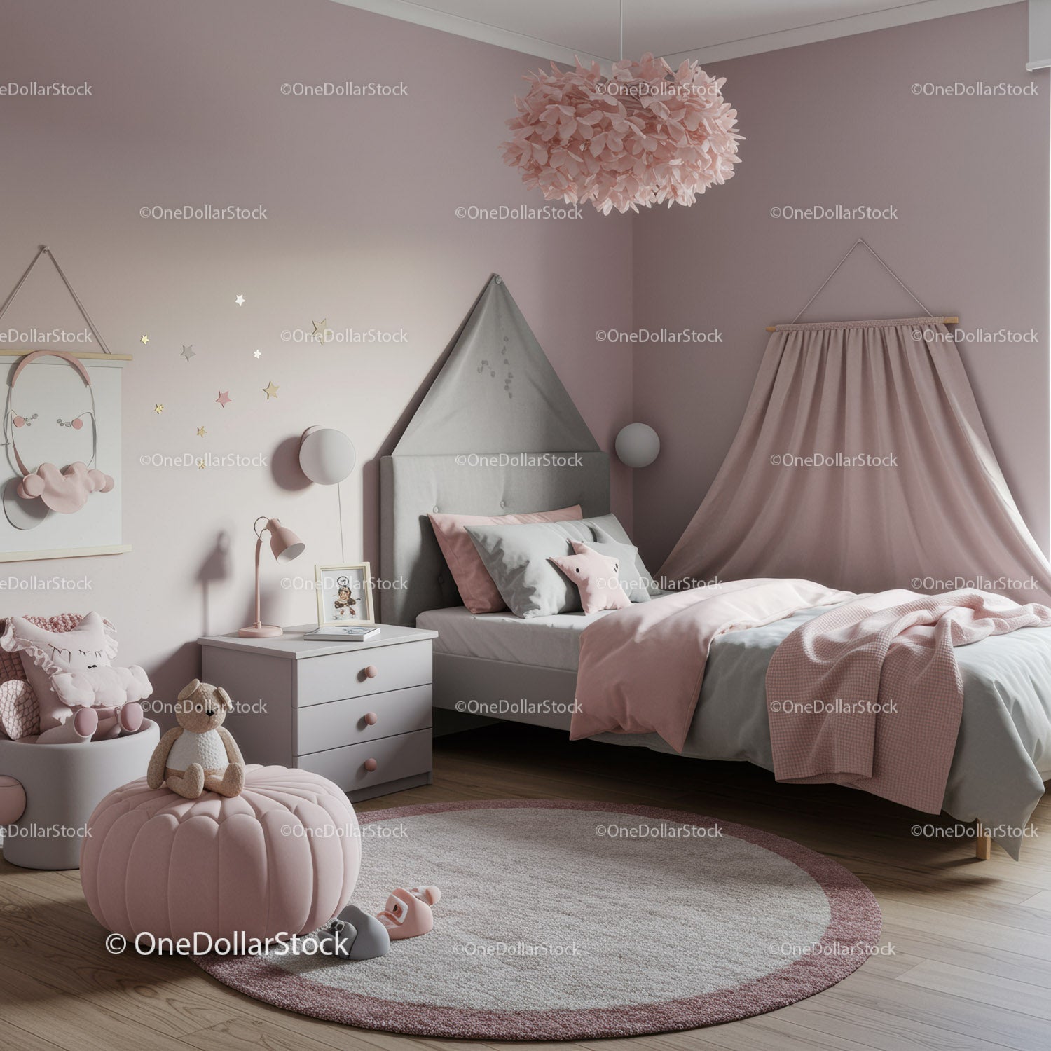 Stylish Pink and Gray Children's Bedroom with Cozy Decor