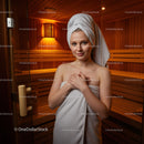 Young Woman Relaxing in Sauna with Towel Wrapped on Head