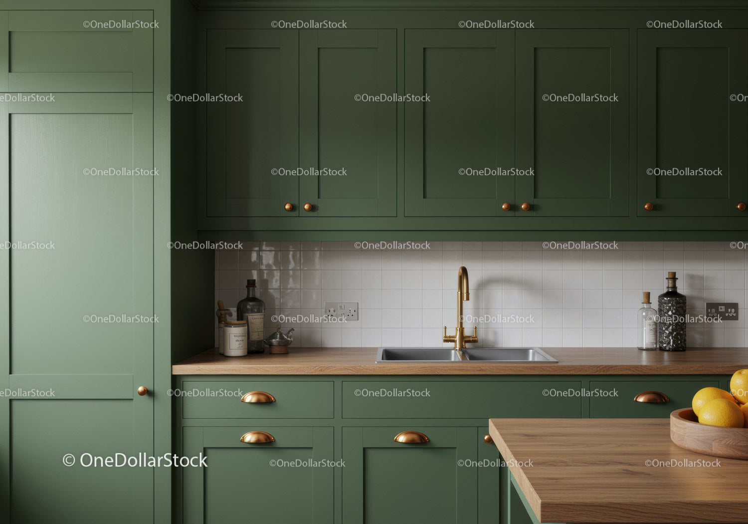 Modern Green Kitchen with Wooden Countertop and Brass Sink Tap