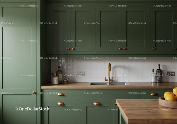 Modern Green Kitchen with Wooden Countertop and Brass Sink Tap