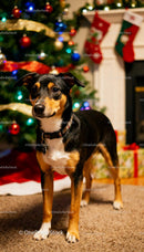 Small dog standing near decorated Christmas tree indoors