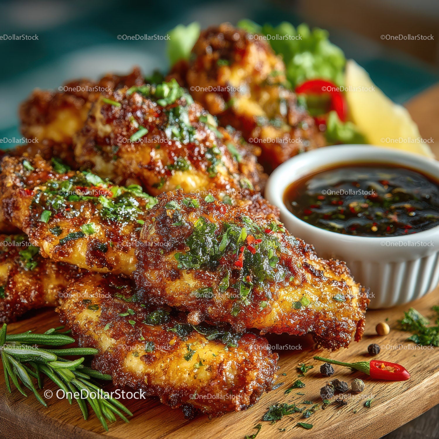 Crispy Fried Chicken Wings with Sauce and Fresh Herbs