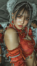 Young Woman in Elaborate Red Traditional Costume with Silver Jewelry