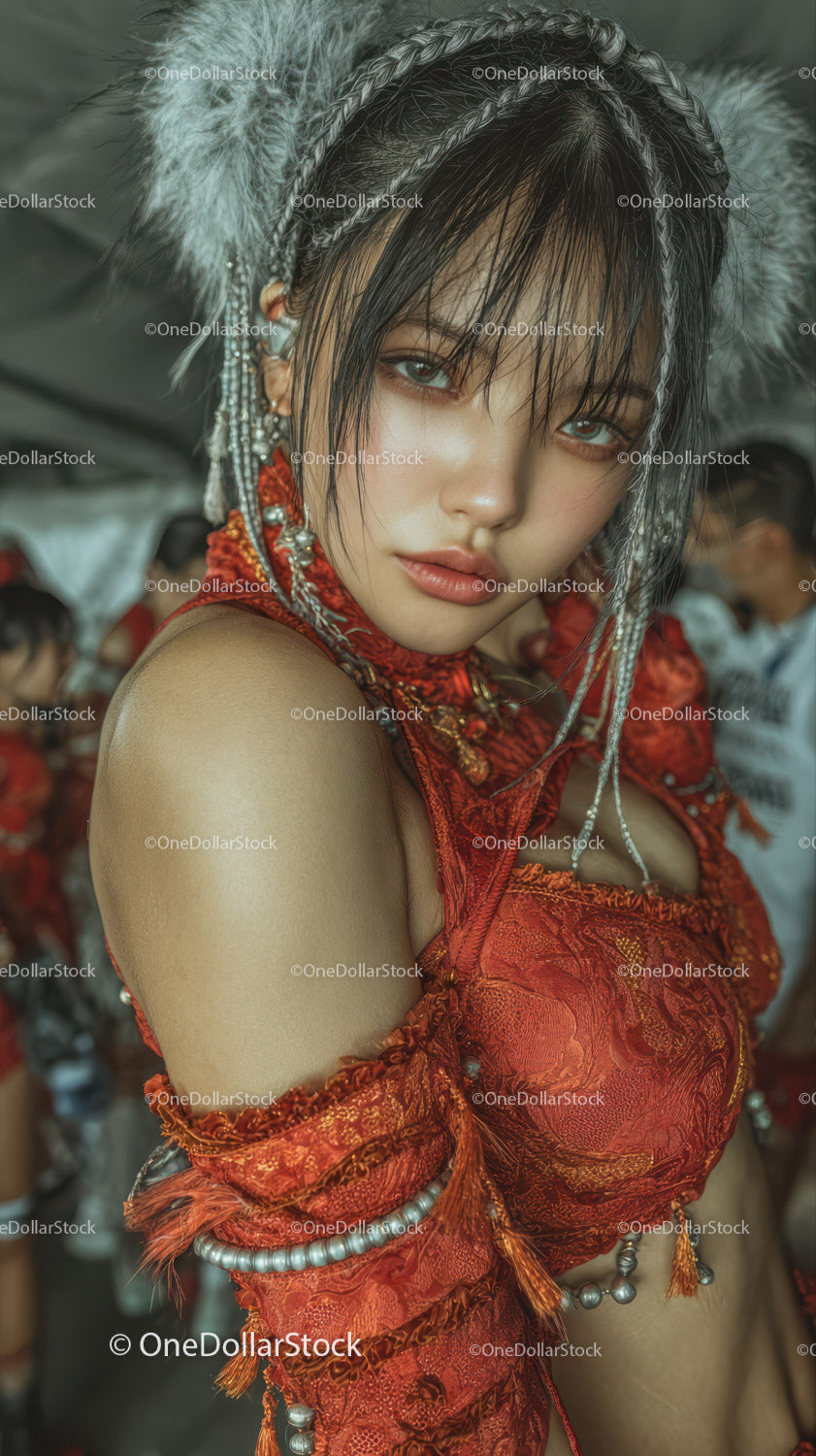 Young Woman in Elaborate Red Traditional Costume with Silver Jewelry