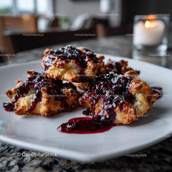 Blueberry Pie with Berry Topping on White Plate In Cozy Kitchen