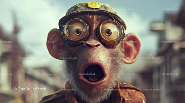 Surprised Monkey Wearing Vintage Goggles And Cap