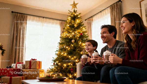 Family Sharing Hot Cocoa by Festive Christmas Tree