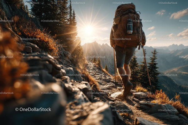 Mountain Hiker Trekking on Rocky Trail at Sunrise with Scenic Views