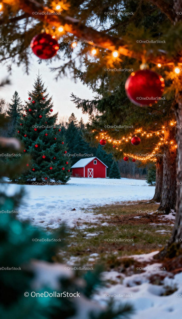 Cozy winter Christmas scene with decorated pine trees
