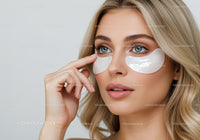 Young Woman Applying Skin Care Under Eye Patches with Blue Eyes