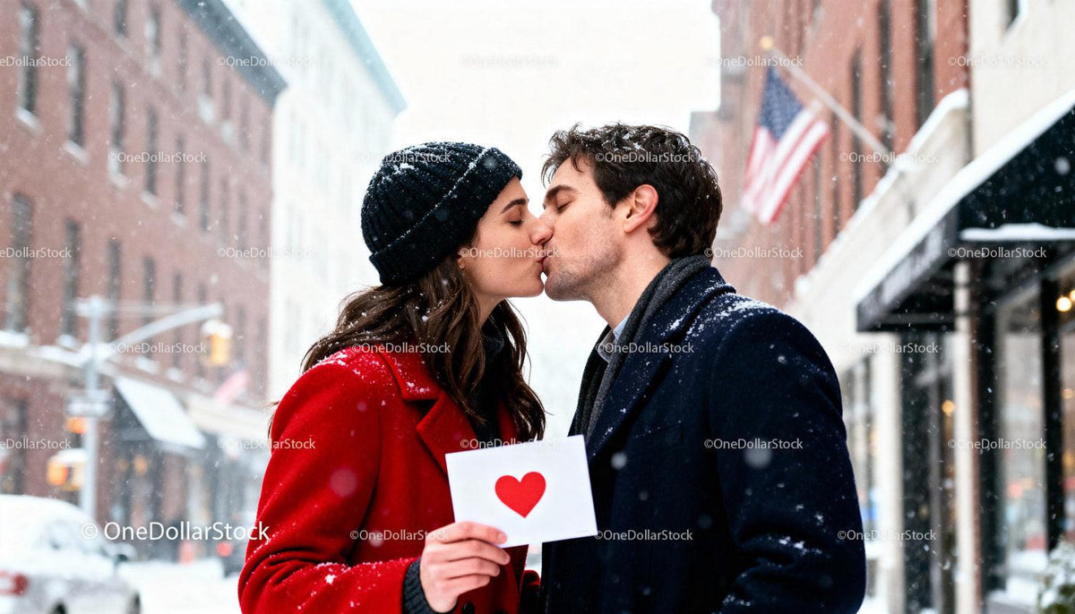 Romantic couple kissing in snowy city street with heart card