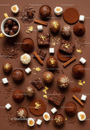 Assorted artisanal chocolates with marshmallows and cinnamon sticks