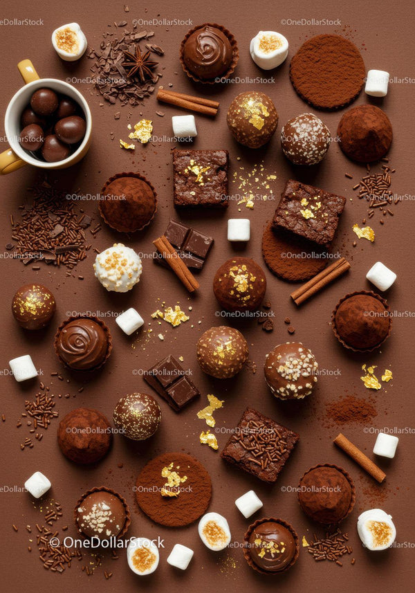 Assorted artisanal chocolates with marshmallows and cinnamon sticks