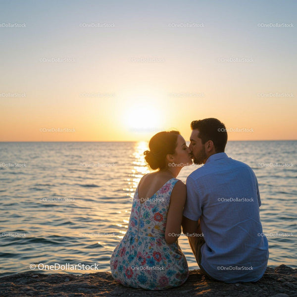 Romantic Couple Sharing Kiss at Sunset by the Sea