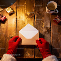 Hands in Red Gloves Holding Letter on Wooden Table JPG Mockup Image preview