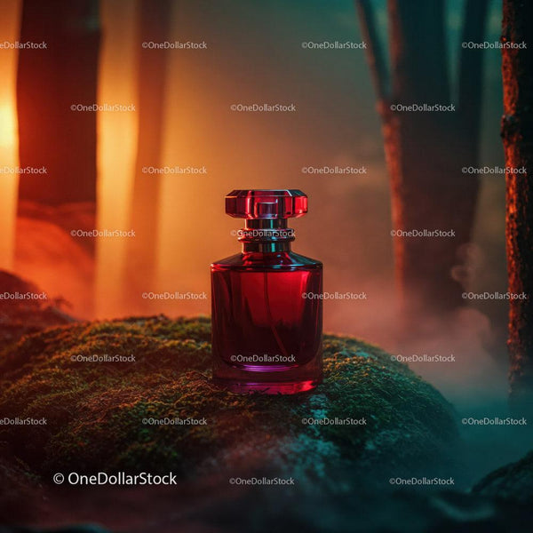 Red Perfume Bottle in Mystical Forest Scene with Vibrant Lighting JPG Mockup Image