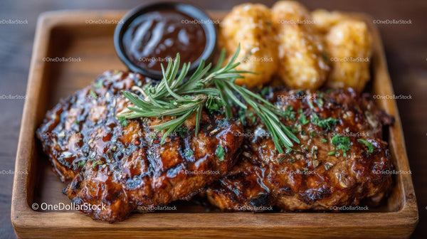 Barbecue Ribs with Potato Nuggets and Fresh Rosemary on Wooden Tray