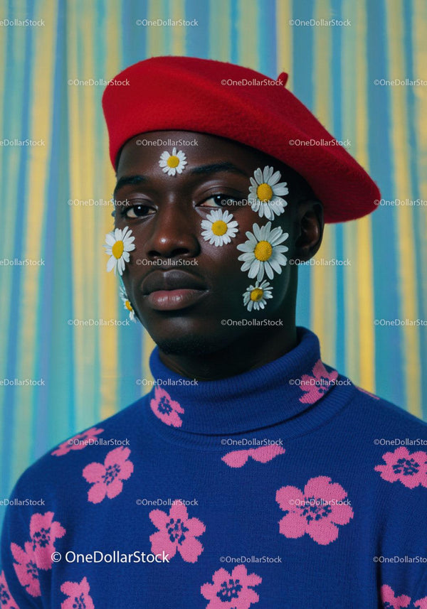 Stylish man wearing red beret with daisies on face