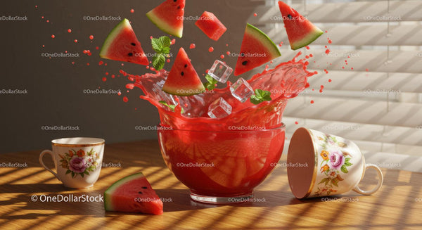 Watermelon slices splashing in refreshing summer punch