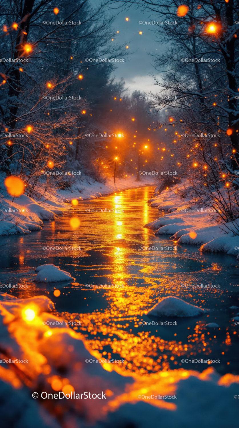 Winter Evening Glow Over Frozen River with Fireflies