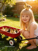 Smiling girl with duckling on head and baby ducks in wagon