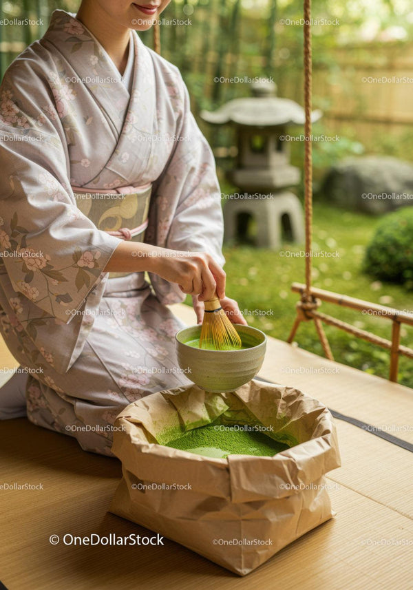 Kobieta przygotowująca tradycyjną japońską ceremonię parzenia herbaty matcha