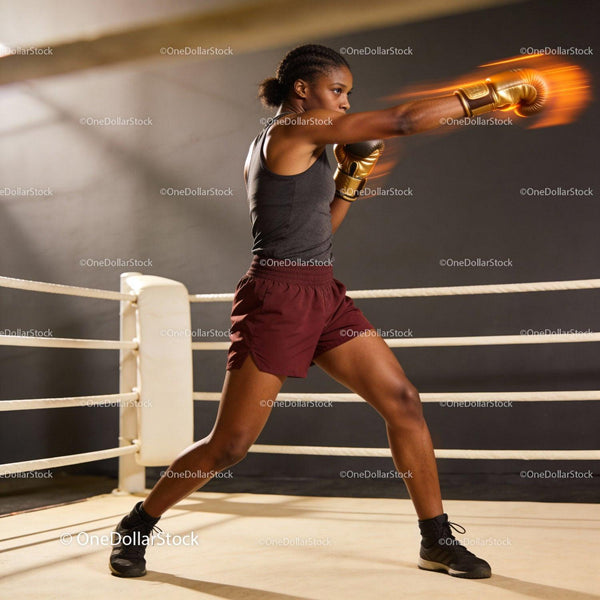 Focused female boxer training powerful punch in ring