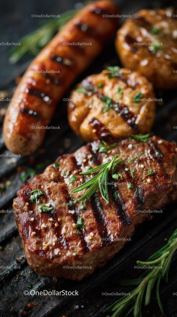 Juicy Grilled Steak with Fresh Herbs on Charcoal Grill