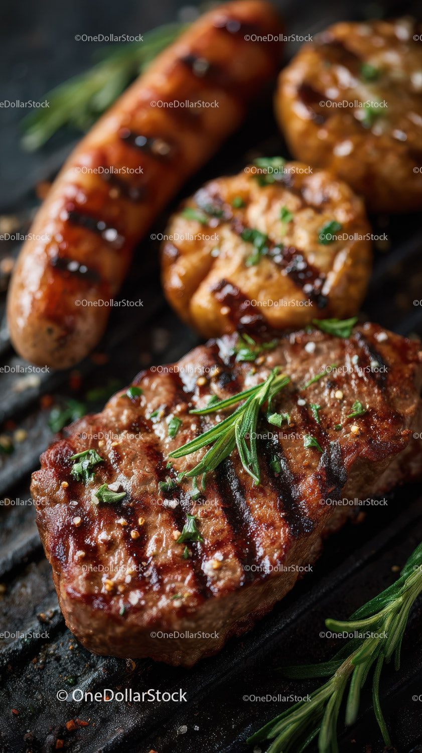 Soczysty grillowany stek ze świeżymi ziołami na grillu węglowym