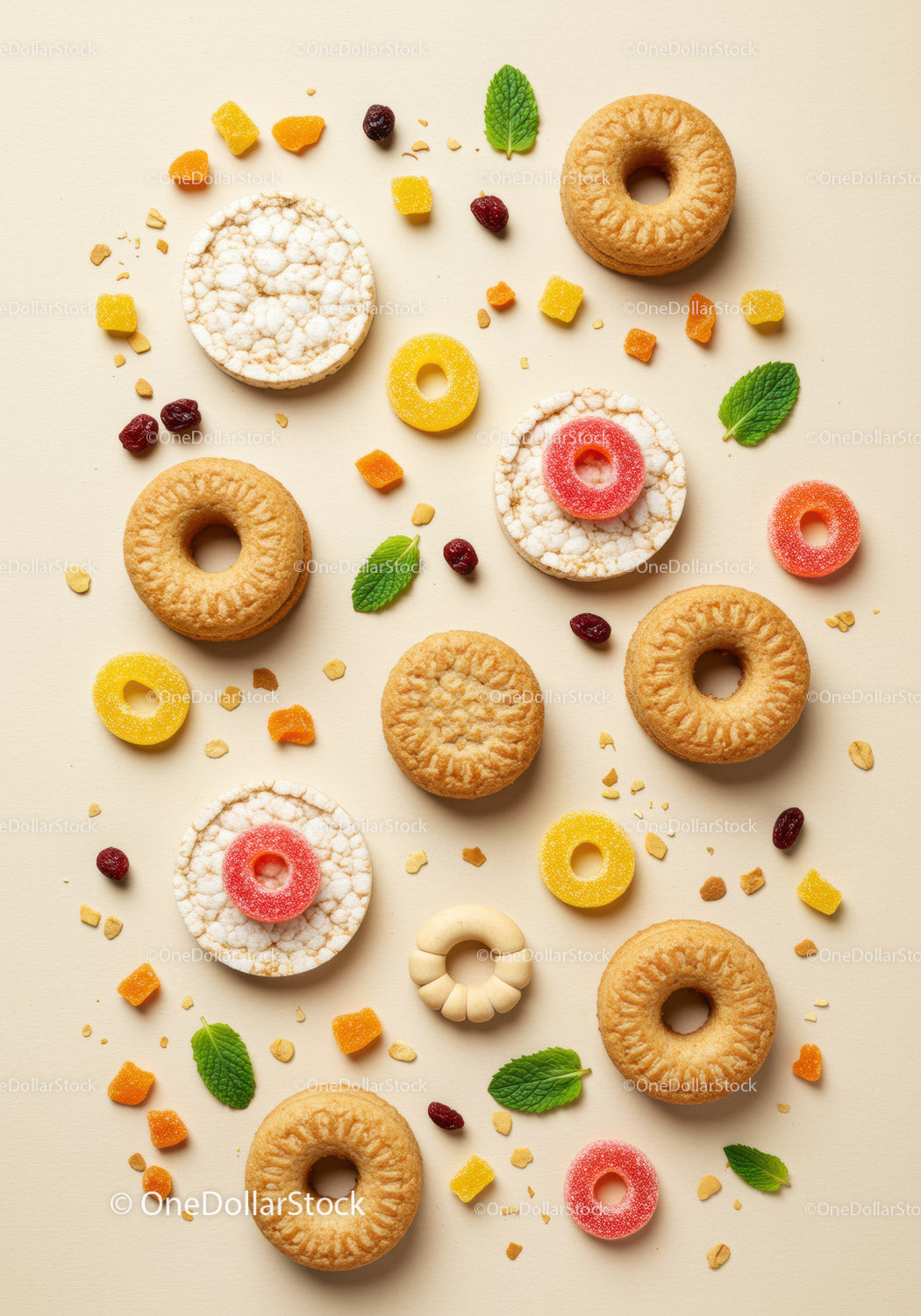 Assorted round biscuits and colorful gummy candies with mint